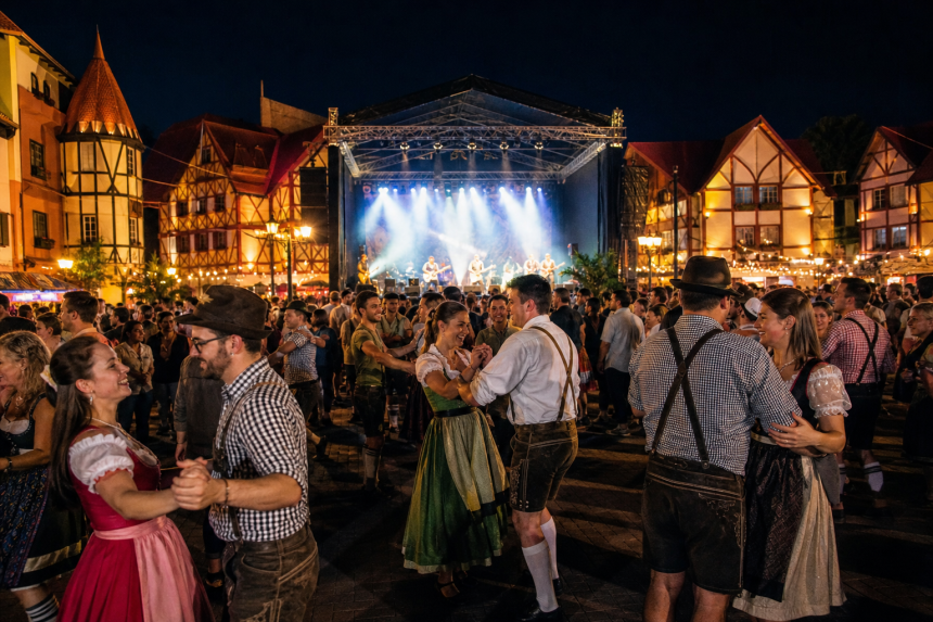 Público participa de festival com música ao vivo, trajes típicos germânicos e decoração inspirada na cultura alemã.