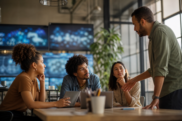 Equipe de startup de tecnologia analisando dados financeiros em uma sala moderna durante expansão de plataforma de crédito