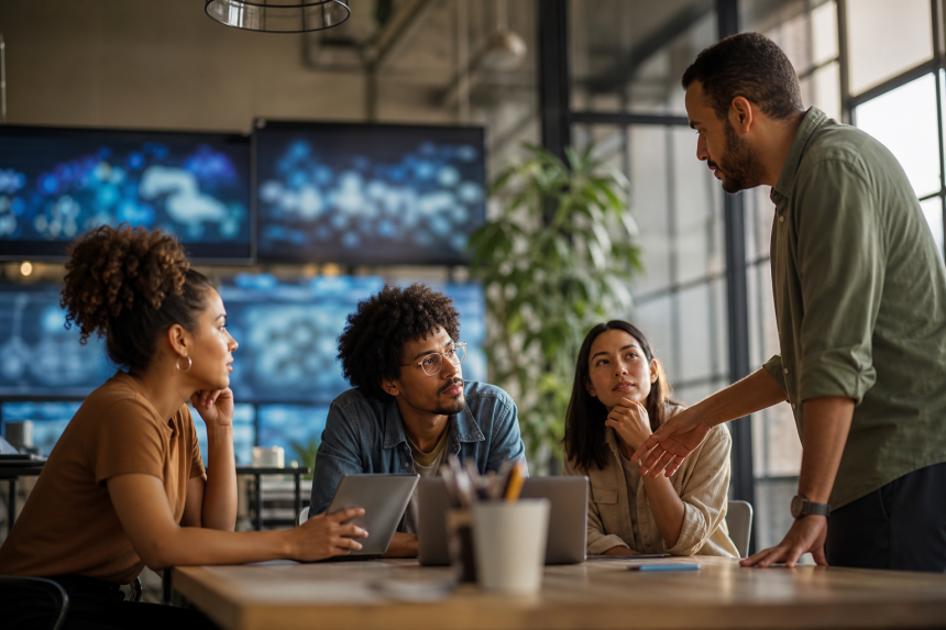Equipe de startup de tecnologia analisando dados financeiros em uma sala moderna durante expansão de plataforma de crédito